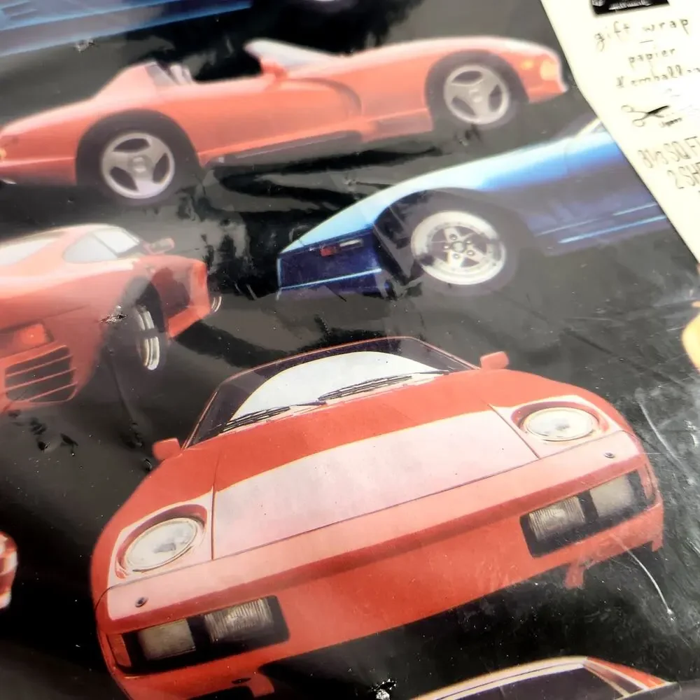 Vintage Hallmark Sports Cars Gift Wrap Paper – 2 Sheets Retro 80s Party Supplies